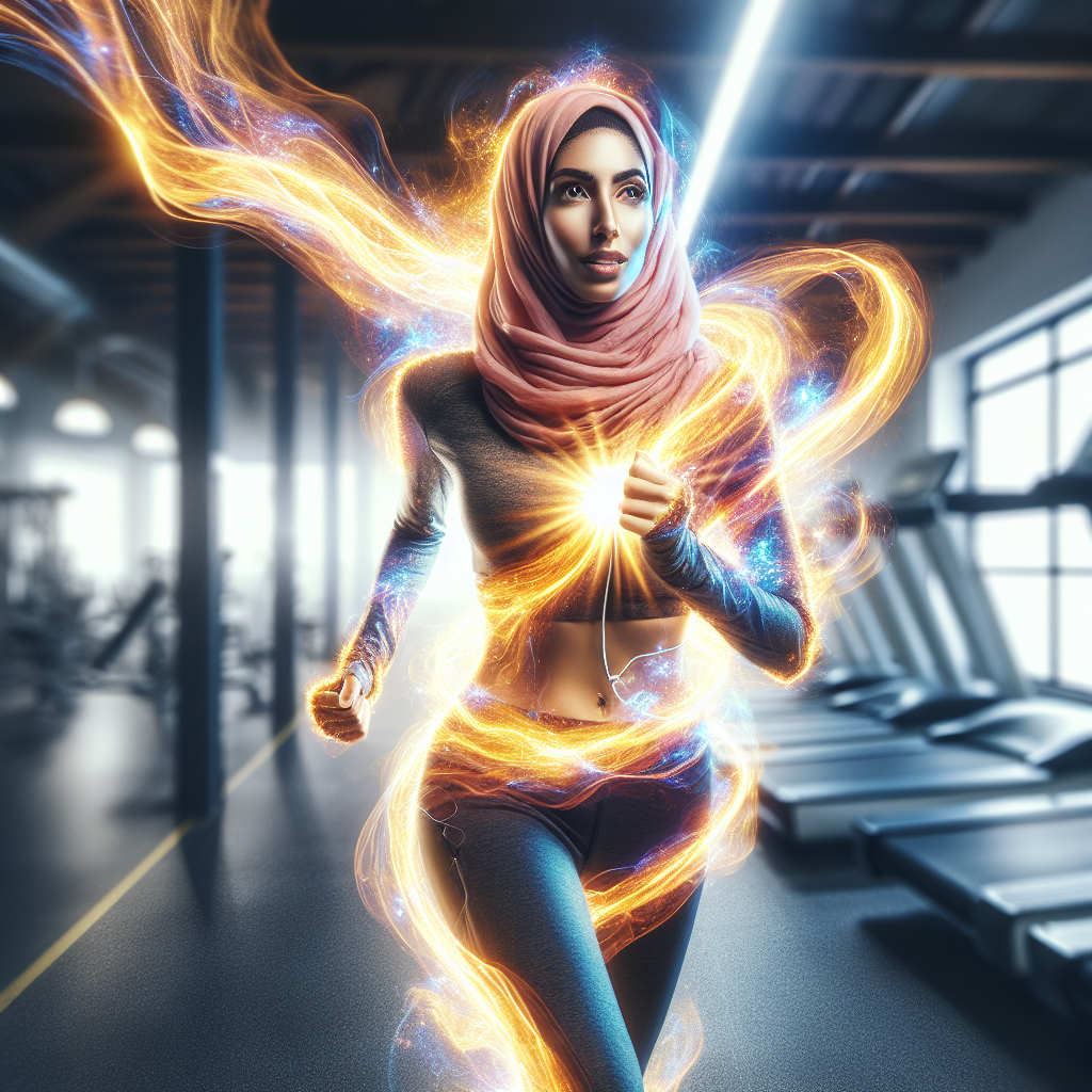 A dynamic and energetic person in a bright, modern gym or outdoor setting, radiating a vibrant glow and swirling light trails around their core, symbolizing a boosted metabolism and increased vitality. They are mid-action, perhaps jogging or doing a light stretch, with a confident and healthy expression. The overall mood is uplifting and invigorating, conveying health and energy. Realistic style, bright and energetic lighting.