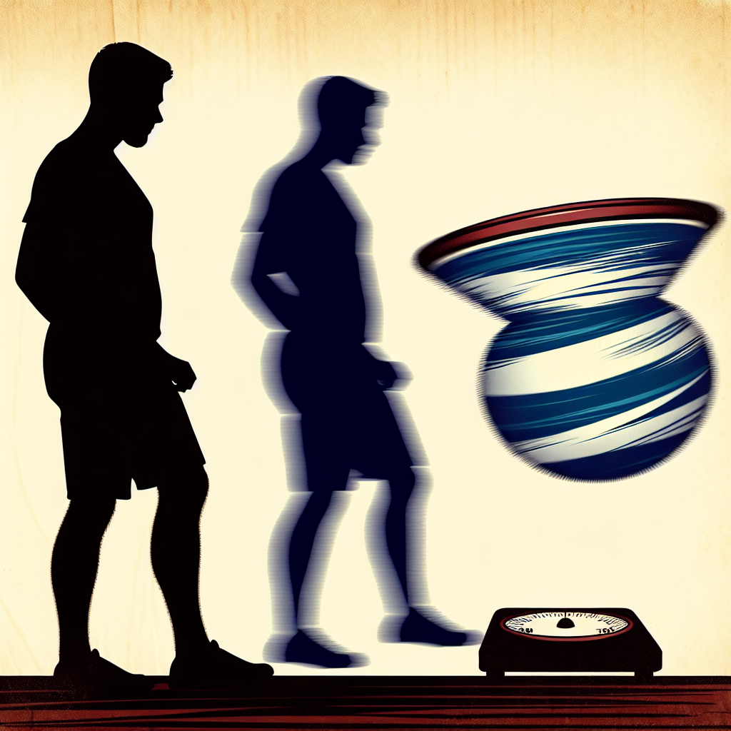 A stylized illustration showing a human silhouette standing on a weight scale, with a prominent, oversized yo-yo bouncing up and down around them, symbolizing the 'Jojo Effekt' or weight fluctuations. The background is simple, focusing on the concept. Minimalist style.
