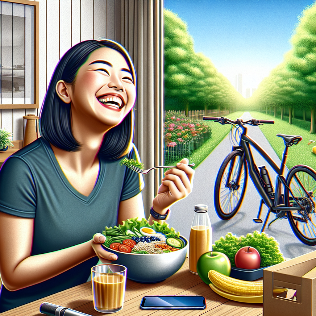 A happy and relaxed person in their everyday life, smiling while enjoying a delicious, colorful, and healthy meal. The scene should subtly show elements of movement and sustainability, such as a window view of a park or a bicycle leaning nearby, without being a gym setting. Focus on a feeling of ease, contentment, and abundance, rather than restriction or struggle. Bright, inviting, and realistic photo style.