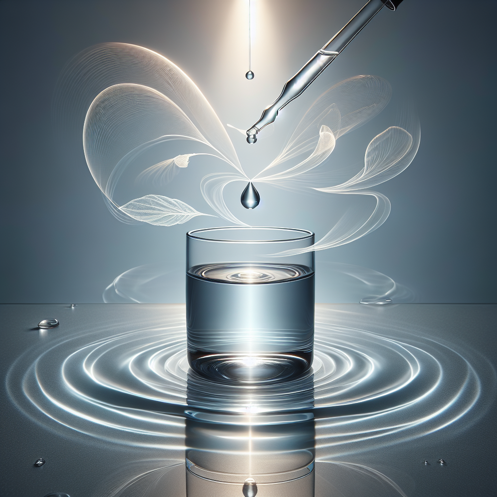 A single, luminous drop falling from a glass dropper into a clear glass of water, creating serene, expanding ripples. Around the glass, ethereal wisps representing hunger dissipate and transform into a feeling of gentle fullness and calm. The scene is clean, modern, with a focus on natural well-being and control. Soft studio lighting.