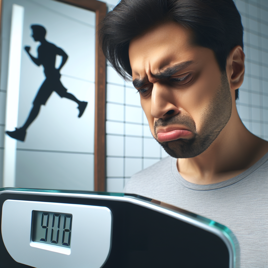 A person looking frustrated at a bathroom scale showing an unchanging number, while in the background, a blurred silhouette of them is jogging on a treadmill, conveying the effort without the desired result. The scene should be modern and clean, with a focus on the person's expression and the scale. Realistic photo style.