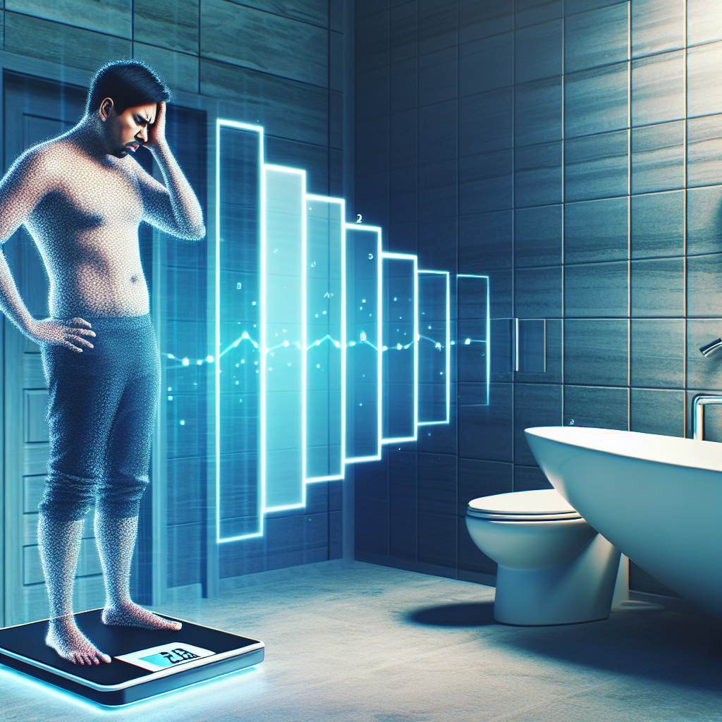 A person, looking frustrated and perplexed, stands on a digital bathroom scale that displays the same weight. Around them, a subtle, ethereal energy bar or engine icon is depicted, showing very low activity or being stuck, symbolizing a slow metabolism. The setting is a modern, clean bathroom, with soft, natural lighting. Realistic style.