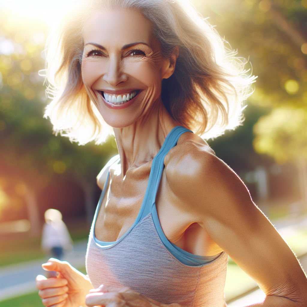 A vibrant, energetic woman in her late 50s or early 60s, smiling brightly while briskly walking or doing light exercise outdoors in a sunny park. A subtle, warm glow emanates from her, symbolizing renewed energy and a boosted metabolism. The image should convey vitality, health, and joy. Realistic style, bright colors.