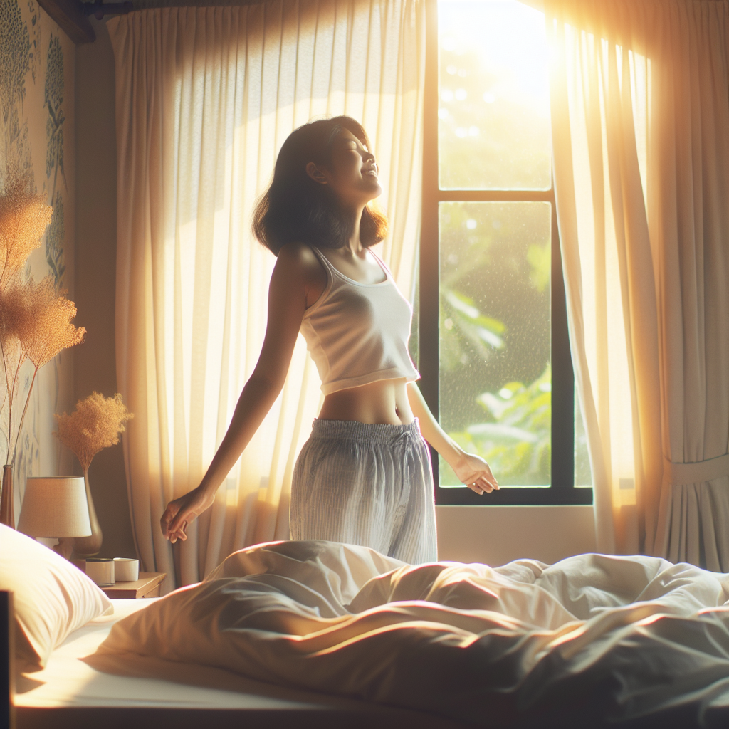 A serene morning scene: a person wakes up in a sunlit bedroom, stretching gently in bed, looking refreshed and with a subtly flatter stomach. The atmosphere is calm and healthy, suggesting a feeling of lightness and well-being after a good night's sleep. Emphasize a realistic, aspirational yet gentle transformation. Natural light, soft textures.