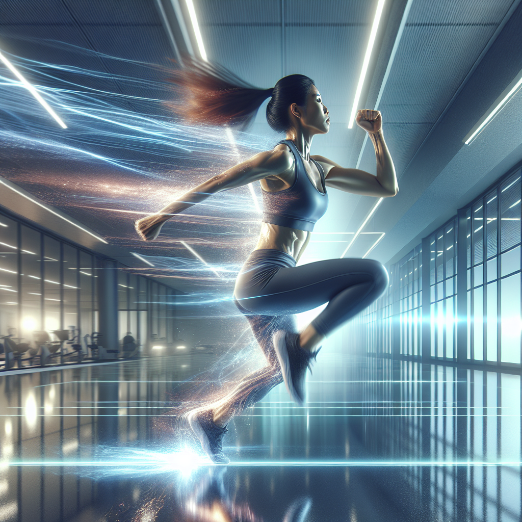 A dynamic, high-energy image of a person in motion, mid-jump or performing an intense interval exercise like a burpee or high knees. The person should radiate vitality and strength, with subtle visual cues suggesting increased energy or a 'boosted' metabolism, like a soft glow or motion lines. The setting is bright and clean, evoking a modern fitness environment. Focus on motivation, health, and a vibrant aesthetic.