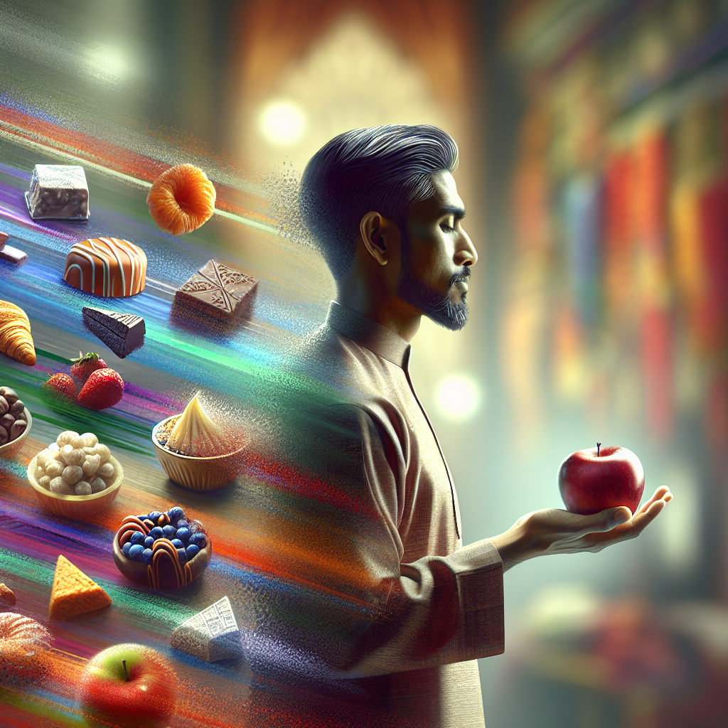 A person, depicted from the waist up, stands confidently, turning away from a blurred background filled with tempting, colorful sweets like chocolates and cakes. In the foreground, focused and clear, the person is reaching for a vibrant, fresh apple or a bowl of berries. The expression is determined and serene, showing self-control and a conscious healthy choice. The overall style is realistic with soft, inviting lighting, emphasizing empowerment over cravings.