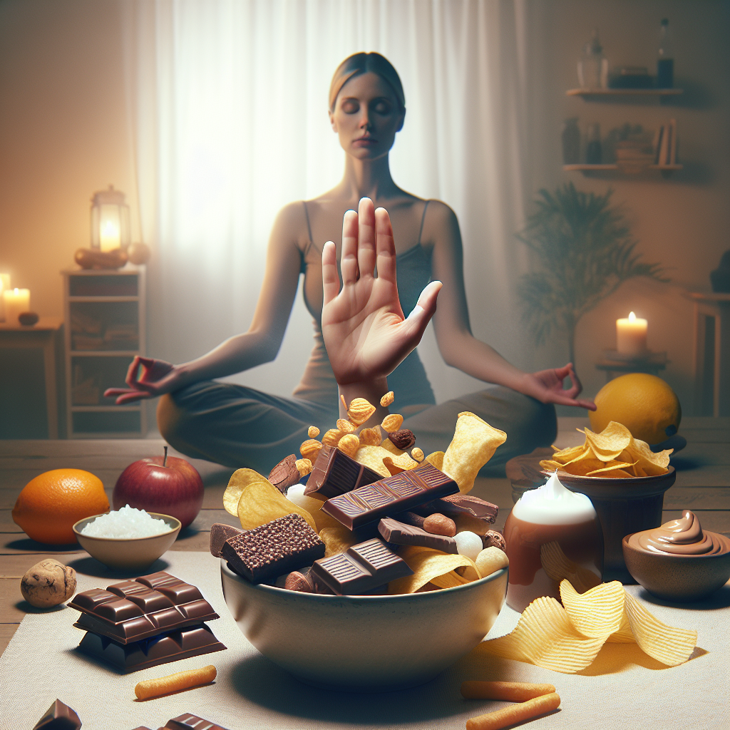 A calm and determined hand gently but firmly pushes away a swirling, tempting cascade of various unhealthy snack foods like chocolate bars, potato chips, and sugary treats. The background is soft, clean, and minimalist, emphasizing the act of conscious control and empowerment over food cravings. The overall mood is serene and resolute, reflecting inner strength. Realistic photo, soft lighting, warm colors.