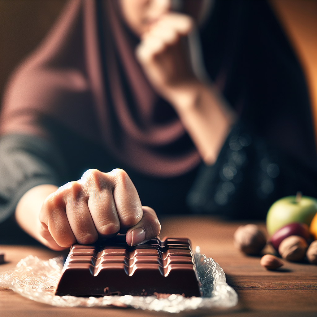 A human hand, showing determination, gently but firmly pushes away a tempting, half-eaten bar of rich chocolate. The chocolate is visually appealing, perhaps with a slight shimmer or melted edge, emphasizing its allure. In the soft-focus background, hints of healthy alternatives like fresh fruit or nuts are subtly visible, symbolizing a choice. The lighting is warm and inviting, highlighting the struggle and the successful act of resistance. The overall mood should be empowering and hopeful.