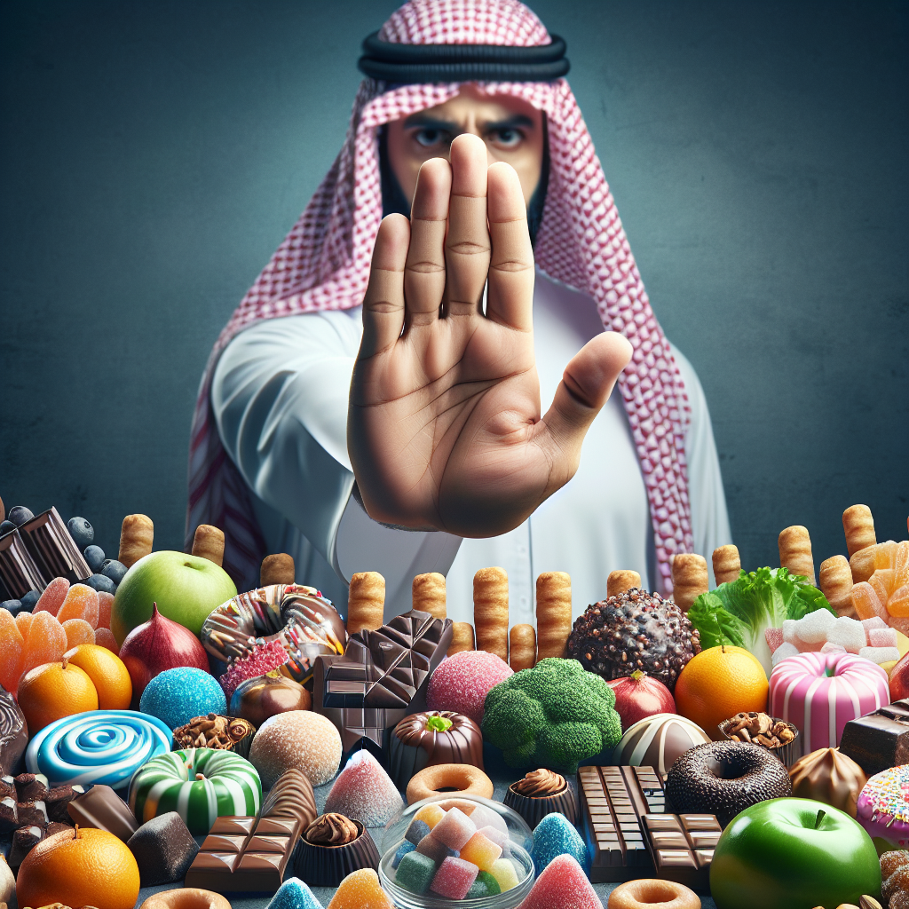 A determined person's hand creating a clear, invisible barrier or 'stop' gesture in front of an enticing array of sugary treats (chocolates, candies, donuts). Beyond this barrier, a vibrant selection of fresh fruits and vegetables is clearly visible and accessible. The scene conveys willpower, conscious choice, and breaking the cycle of sugar cravings. Realistic photo, bright, clean, empowering, natural lighting.