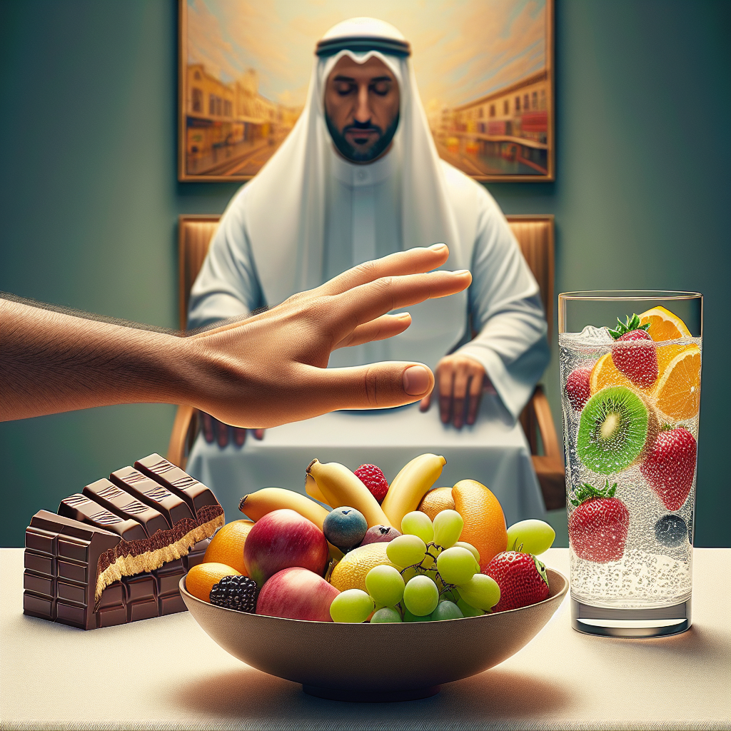 A person's hand gently but firmly pushing away a decadent chocolate bar or a slice of cake. In the foreground, or slightly in focus, is a bowl of vibrant, fresh fruit or a glass of water, symbolizing a healthier choice and overcoming sugar cravings. The atmosphere should be one of quiet determination and control. Clean, inviting, modern photography style.
