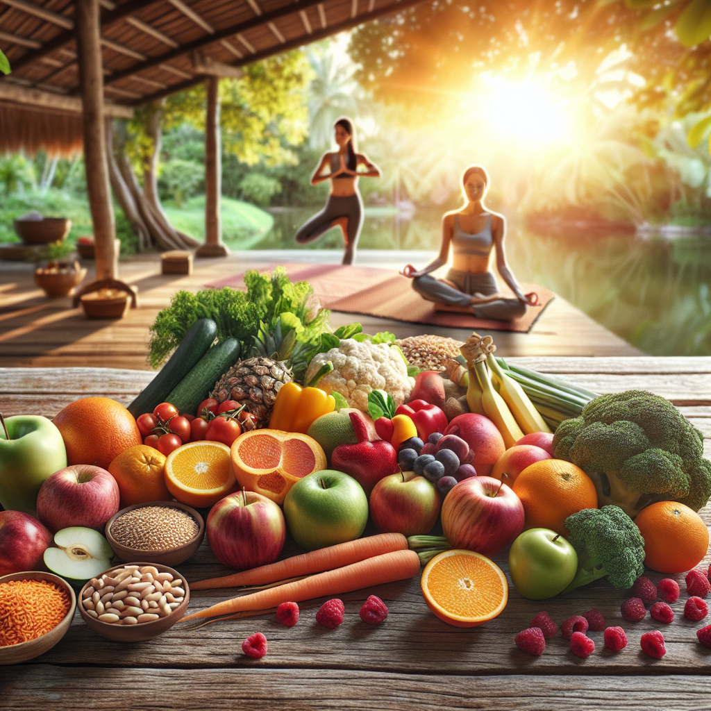 A vibrant, panoramic scene depicting a diverse array of fresh, colorful fruits, vegetables, whole grains, and lean proteins artfully arranged on a rustic wooden table, bathed in warm, natural light. Nearby, a person is gently stretching or doing light yoga outdoors, surrounded by serene nature. The overall mood is one of abundance, freedom, health, and a balanced lifestyle, symbolizing sustainable well-being without restriction or the need for a strict diet. Highly detailed, photorealistic.