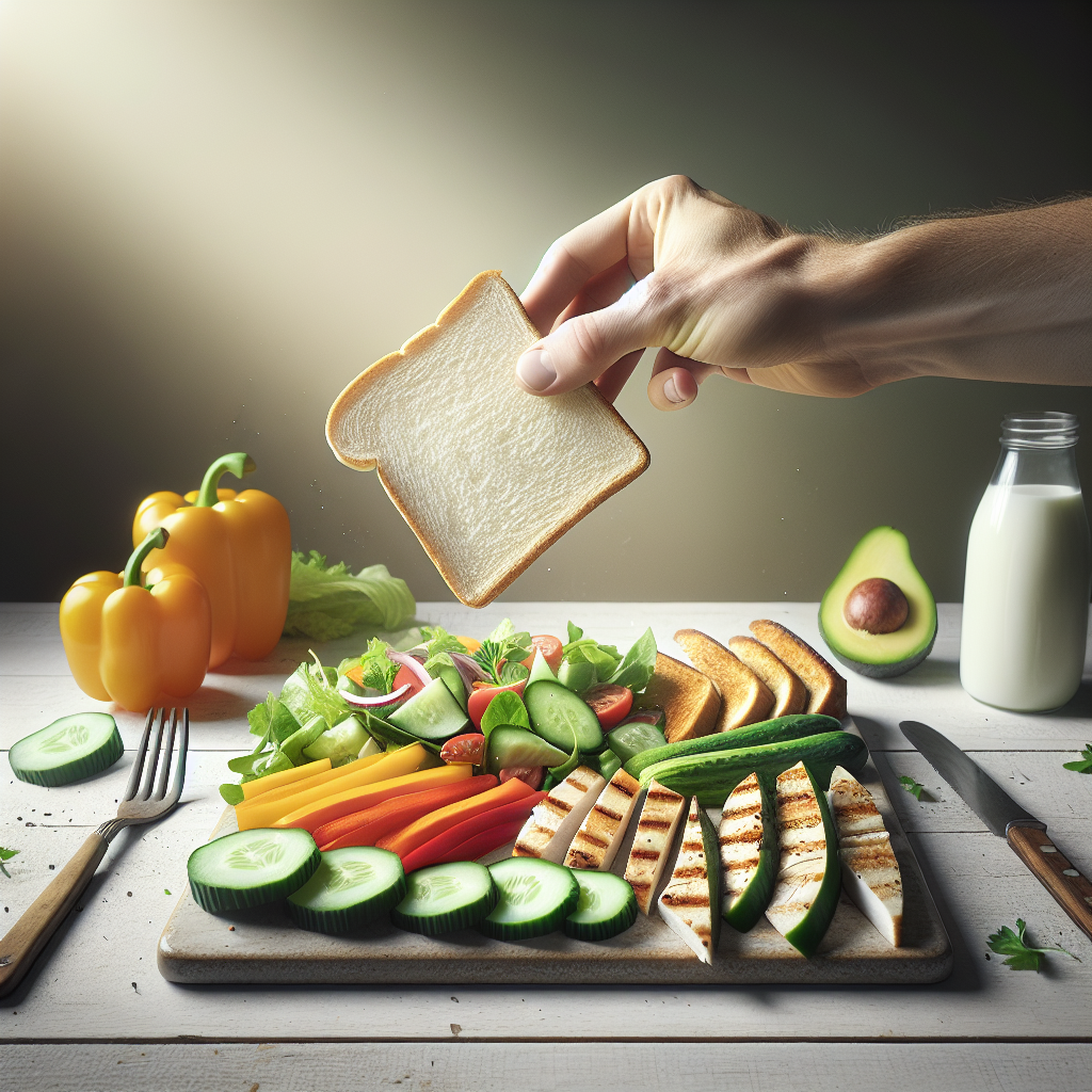 A symbolic photo showing a hand gently pushing a slice of white bread out of the frame, with the space it occupied being filled by a vibrant and appealing display of low-carb healthy foods: fresh salad leaves, colorful bell peppers, cucumber, lean grilled chicken, and avocado. The setting is bright and clean, emphasizing a healthy lifestyle and the journey of weight loss. Food photography, focus on freshness and visual appeal, natural lighting.