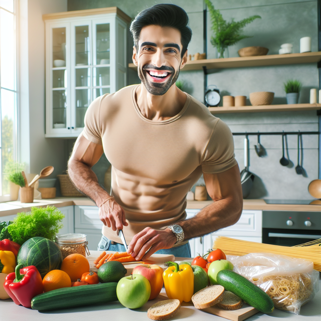 A vibrant and smiling person, looking fit and healthy after successful weight loss, is joyfully cooking or preparing a delicious meal in a modern, clean kitchen. The table or counter is filled with a colorful abundance of fresh, wheat-free ingredients: crisp vegetables, ripe fruits, lean protein, and gluten-free grains like quinoa. In the background, slightly out of focus, a discarded, empty package of wheat pasta or a stale bread crust subtly symbolizes the previous diet being left behind. Bright, optimistic, and inviting atmosphere, studio quality photo.
