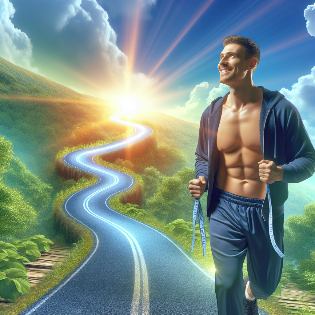 A vibrant, healthy person confidently walking on a steady, winding path that gently ascends towards a bright, optimistic horizon, symbolizing sustainable weight loss and lasting well-being without the yo-yo effect. The person is smiling genuinely, dressed in comfortable activewear, enjoying the journey. Lush greenery and a clear, inviting sky fill the background. Digital painting.