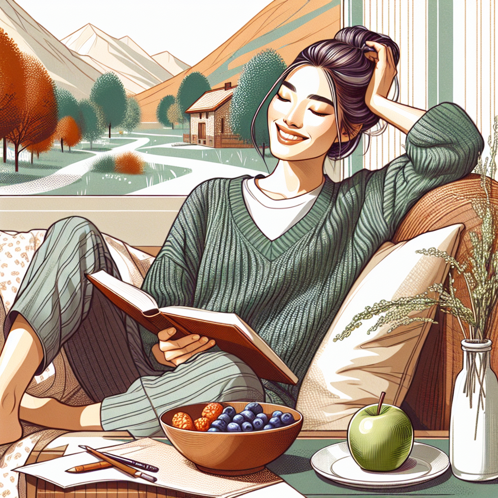 A happy, confident person, visibly slimmer, enjoying a calm everyday moment, such as relaxing on a comfortable couch with a book and a healthy snack (e.g., an apple or a small bowl of berries) nearby, or taking a leisurely walk through a park, smiling. The scene should convey an atmosphere of effortless well-being and a balanced lifestyle, with no sports equipment or signs of strenuous physical activity. Focus on a warm, inviting, and clean aesthetic. German blog article style.