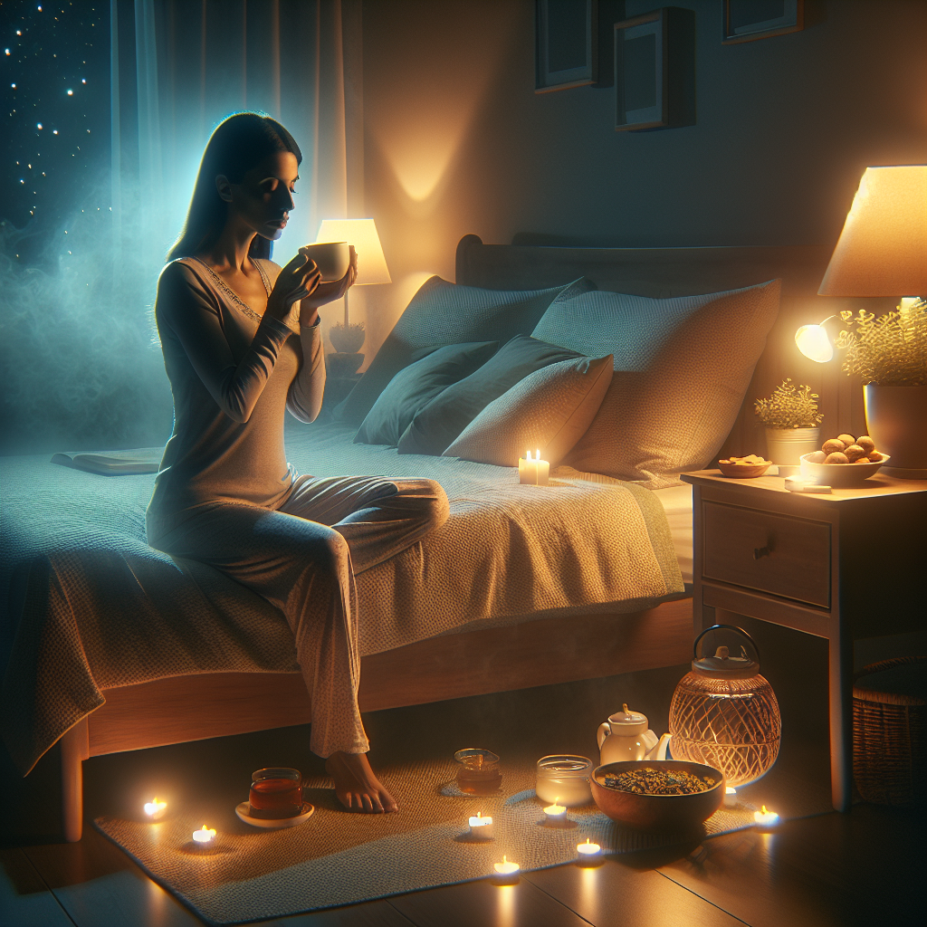 A serene and cozy evening scene in a bedroom. A person in comfortable sleepwear is gently stretching or enjoying a warm, non-caffeinated herbal tea. Soft, ambient lighting creates a peaceful atmosphere. On a bedside table, there are elements suggesting light, healthy food like a small bowl of nuts or a piece of fruit, rather than heavy meals. The overall image should evoke a feeling of wellness, gentle preparation for sleep, and the quiet activation of the body's metabolism before bedtime.