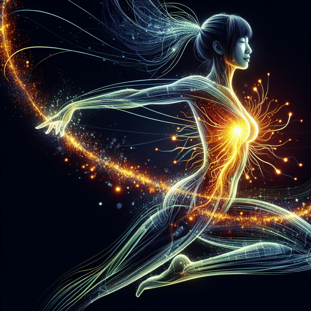 A vibrant and energetic illustration of a person with a healthy glow, embodying vitality and internal strength. Abstract, dynamic lines and glowing particles emanate from their core, symbolizing an activated and efficient metabolism. The person is in an uplifting pose, perhaps stretching or moving lightly, set against a bright, clean background. The overall mood is positive, active, and full of life, hinting at improved energy and well-being.