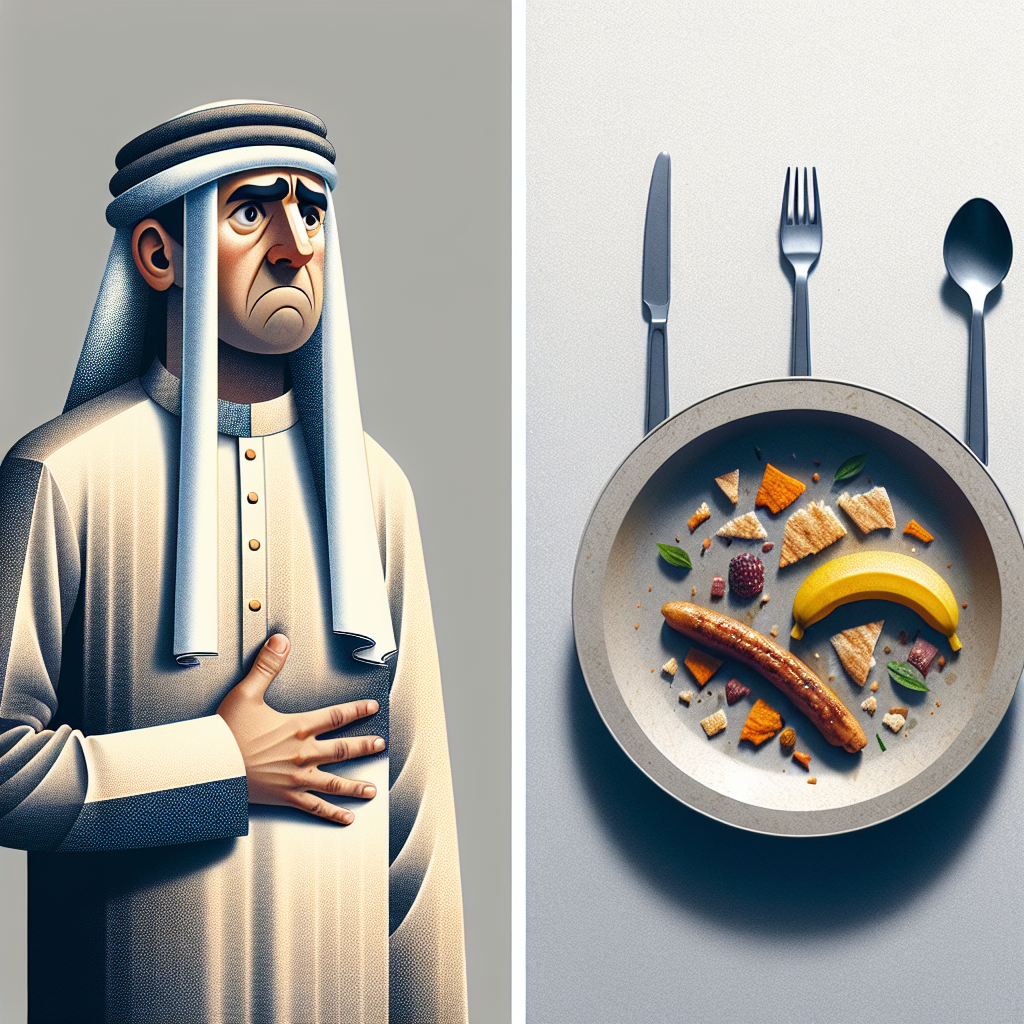 A person with a slightly frustrated and puzzled expression, holding their stomach, conveying the feeling of persistent hunger even after having just eaten. In front of them on a clean, modern table, there's a plate with some leftovers or a half-eaten meal. The overall mood emphasizes the internal struggle with constant hunger, even when food is present. Realistic, blog article style.