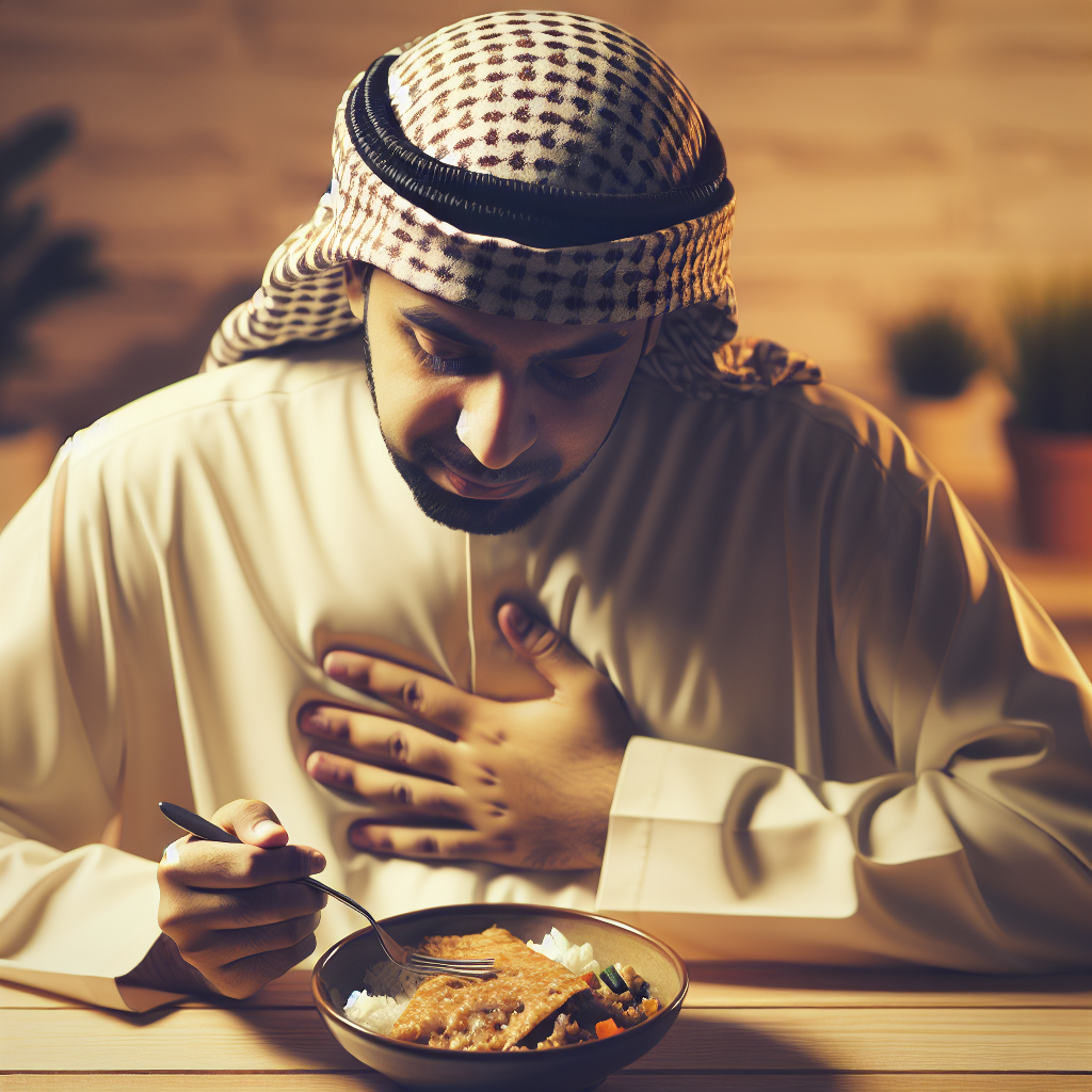 A person (gender-neutral, relatable) with a slightly puzzled and unsatisfied expression, gently holding their stomach as if it's rumbling, even though a half-eaten, ordinary meal sits in front of them on a table. The background is a soft, warm kitchen or dining setting, conveying a sense of quiet frustration. The overall feeling should be one of persistent hunger despite having recently eaten. Realistic style, soft ambient lighting.