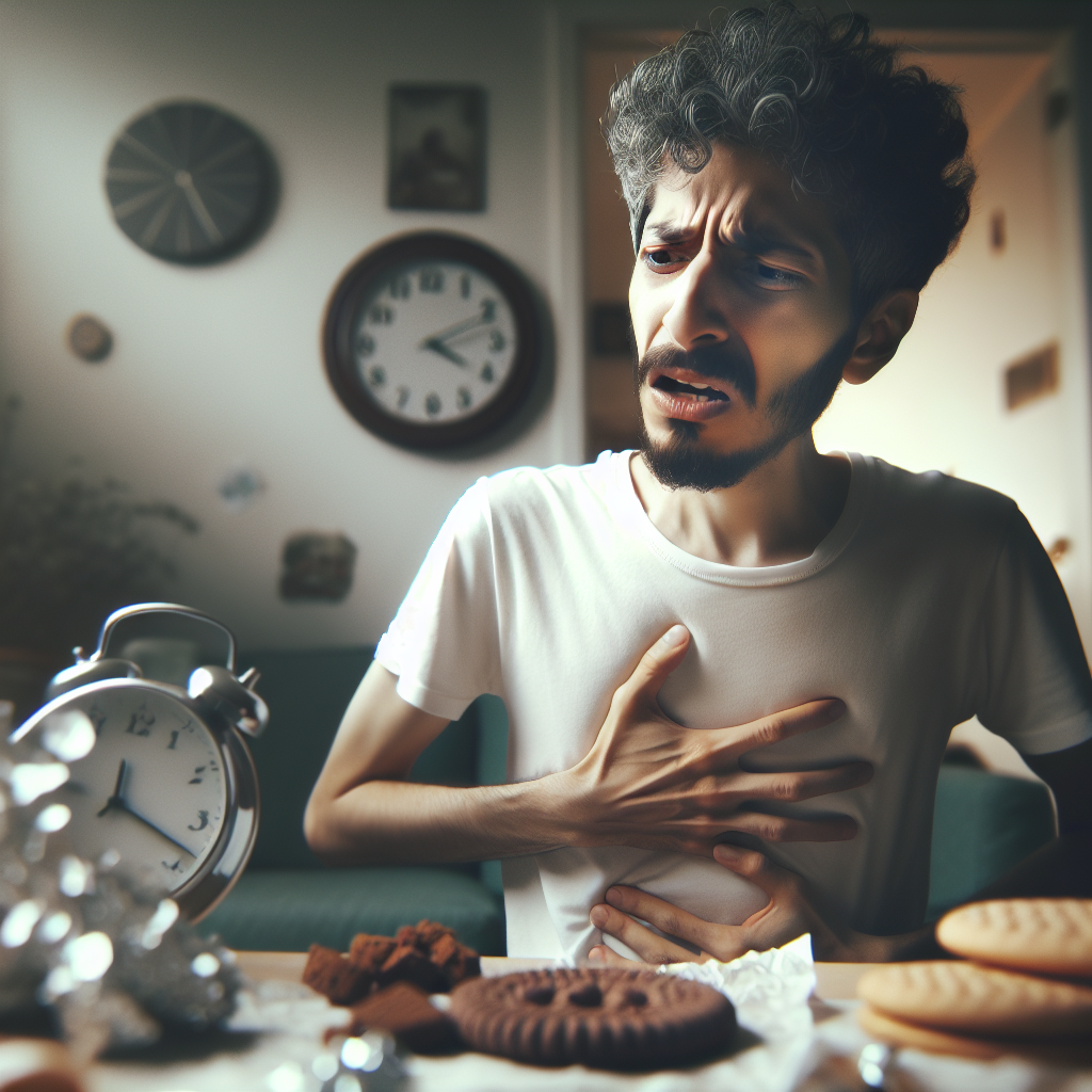A gender-neutral person, looking exasperated and slightly perplexed, clutches their stomach with a questioning expression, as if constantly feeling an unsatisfying hunger. Around them, in a slightly blurred background, are subtle visual cues like a partially eaten sugary snack, a clock showing late hours, and a crumpled pillow, subtly hinting at factors like unfulfilling food, lack of sleep, and stress. The overall mood is one of persistent, confusing cravings.