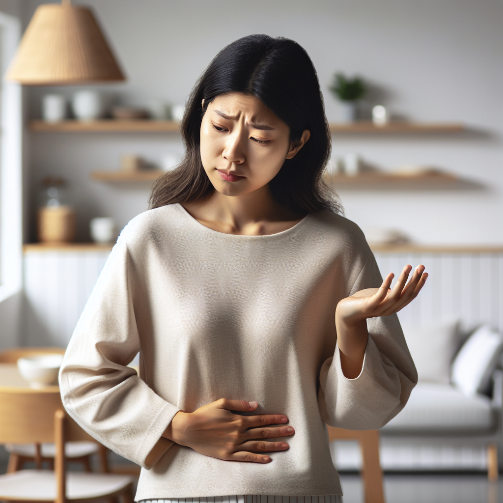 A person, looking thoughtfully and a bit perplexed, gently touching their stomach, as if questioning why they feel hungry again shortly after eating. The scene should be clean and bright, with a subtle background suggesting a modern kitchen or dining area. The overall mood should be contemplative yet relatable, capturing the frustration of constant hunger, suitable for a health blog article.
