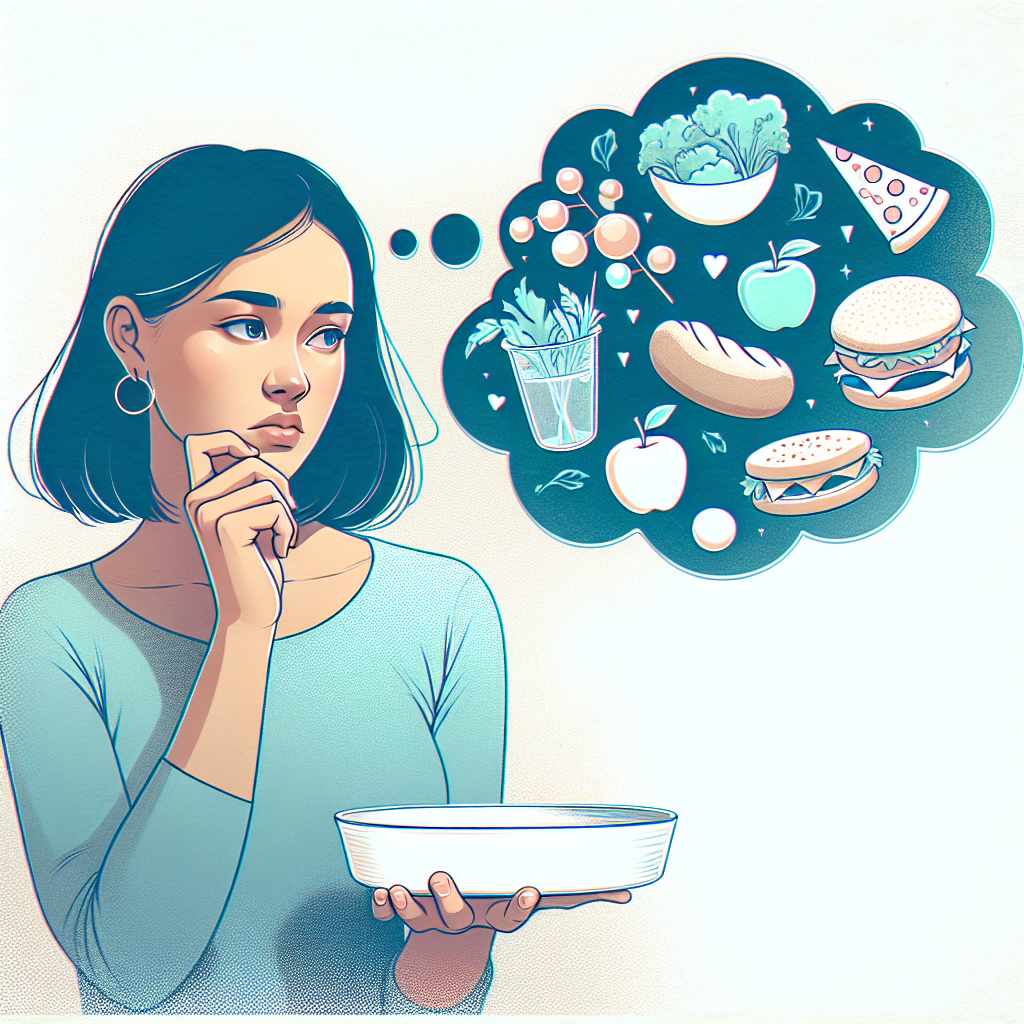 A stylized illustration depicting a person (gender-neutral) looking thoughtfully yet slightly puzzled at an empty or nearly empty plate, while various appealing food items (both healthy and comfort foods) subtly float as thought bubbles around their head, emphasizing persistent hunger and cravings throughout the day. The person's expression conveys a sense of 'Why am I constantly hungry?'. The background is clean and bright, suitable for a blog, with a friendly, modern aesthetic.