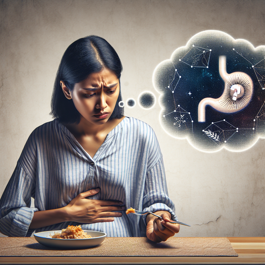 A person looks frustrated and confused, gently holding their stomach, while sitting at a kitchen table with a recently eaten but seemingly unsatisfying meal. A subtle thought bubble above their head contains a question mark and an abstract symbol for an empty stomach, symbolizing persistent hunger. The scene is clean, well-lit, with a thoughtful and slightly weary atmosphere.