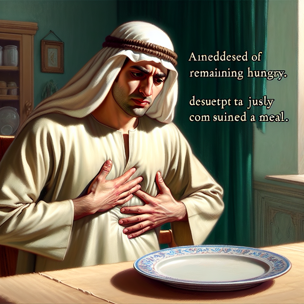 A person with a slightly confused and frustrated expression, gently touching their stomach, looking at an empty or recently finished dinner plate, indicating they are still hungry shortly after eating a meal. The setting is a cozy dining room or kitchen, emphasizing the unexpected feeling of hunger.