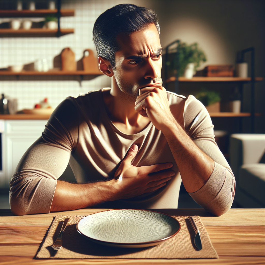 A person, looking thoughtful and slightly confused, sits at a dining table with an empty plate in front of them, subtly clutching their stomach as if still hungry after just eating. The scene is set in a modern, warm kitchen, conveying a sense of post-meal contemplation and a lingering feeling of unsatisfaction. Realistic style.
