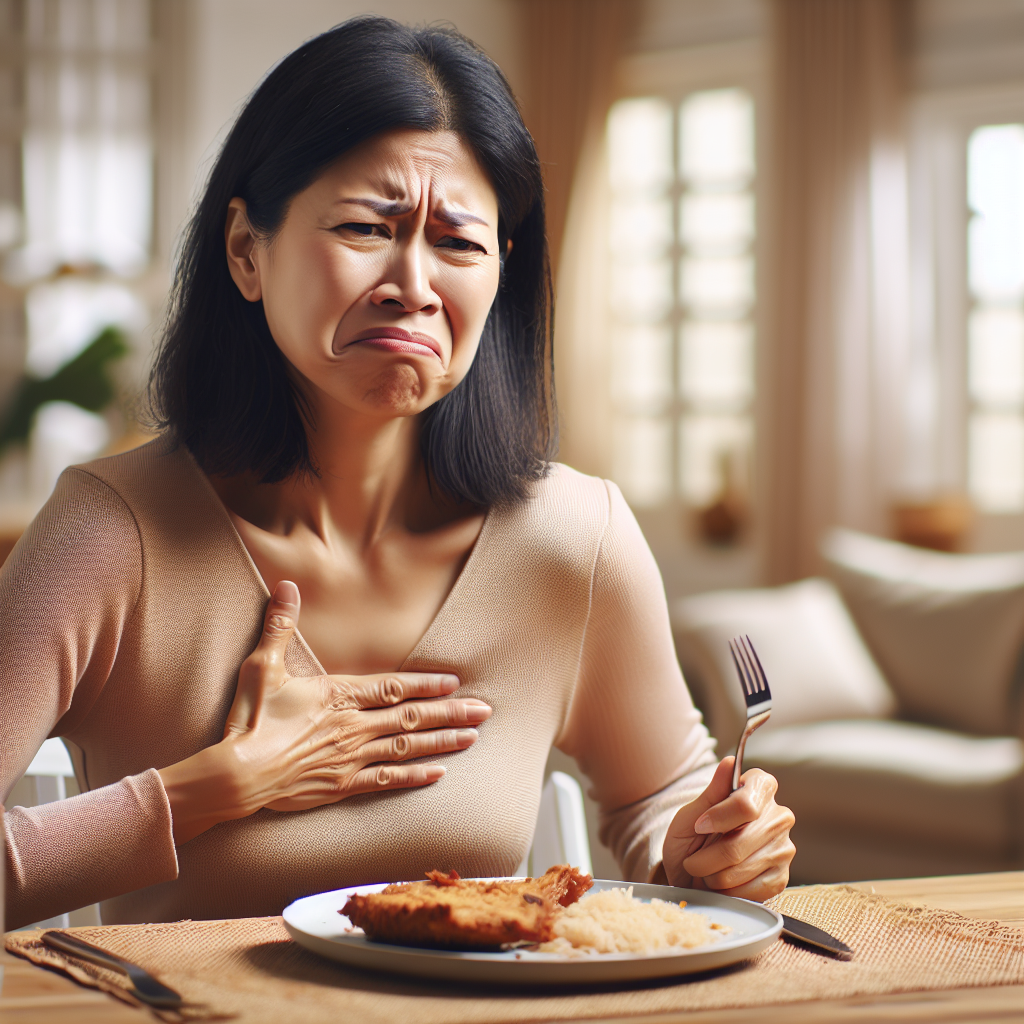 A person, visibly puzzled and slightly frustrated, holding their hand to their stomach while looking at a half-eaten or recently finished meal on a dining table. Their expression clearly conveys they are still feeling hungry despite having just consumed food. The setting is a cozy, modern kitchen or dining area, with natural lighting. Realistic photography, focus on emotion.