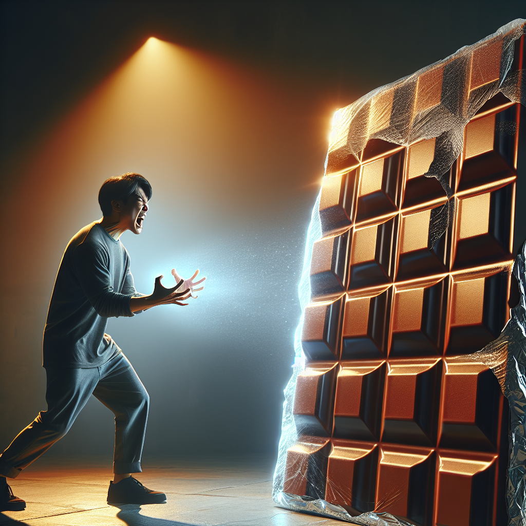 A person with an intense, almost irresistible craving, reaching out towards a large, glowing bar of rich chocolate that appears incredibly tempting, almost magically pulling them in. The setting is subtle, focusing entirely on the person's internal struggle with desire. Realistic, dramatic lighting, emotional expression.