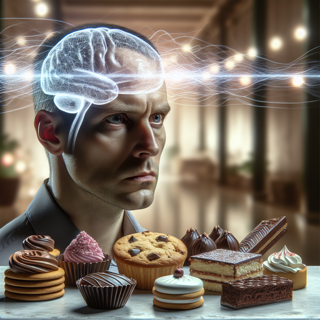 A person (gender-neutral, mid-adult) looking with a strong, almost irresistible craving at a diverse plate of tempting sweets (chocolates, cookies, cake slices). The person has a thoughtful, slightly conflicted expression. Above their head, subtle, abstract, glowing lines or brain-like energy flows towards the sweets, symbolizing the powerful mental pull and internal signals. The background is a soft-focus, comfortable interior setting. The lighting is natural and inviting, creating a relatable scene. Photorealistic, high detail.