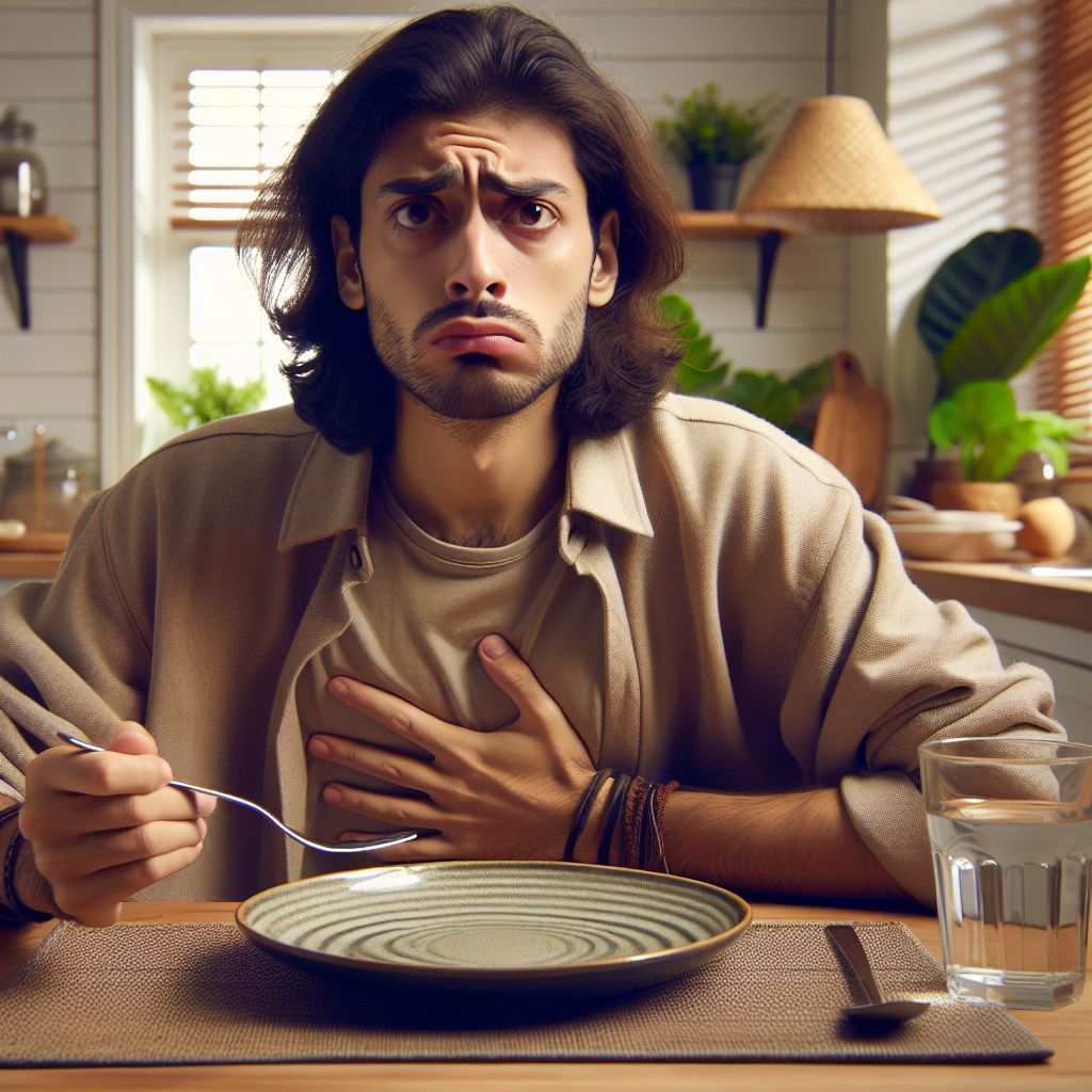 A person looking puzzled and slightly frustrated, holding their stomach, sitting at a dining table with an empty plate, just moments after finishing a meal, still feeling hungry. The scene conveys the paradox of constant hunger despite having eaten, with a subtle hint of time passing quickly. Realistic photography style, warm kitchen setting.