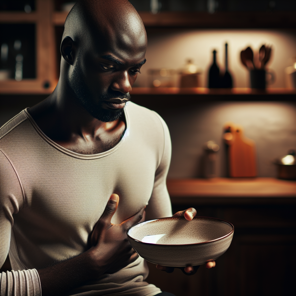 A person with a thoughtful and slightly weary expression, standing in a modern kitchen, holding an empty bowl or plate, yet instinctively touching their stomach as if still feeling hungry. The scene conveys a subtle sense of persistent craving and the internal struggle to understand why. Realistic, warm lighting, focus on the person's face and body language.