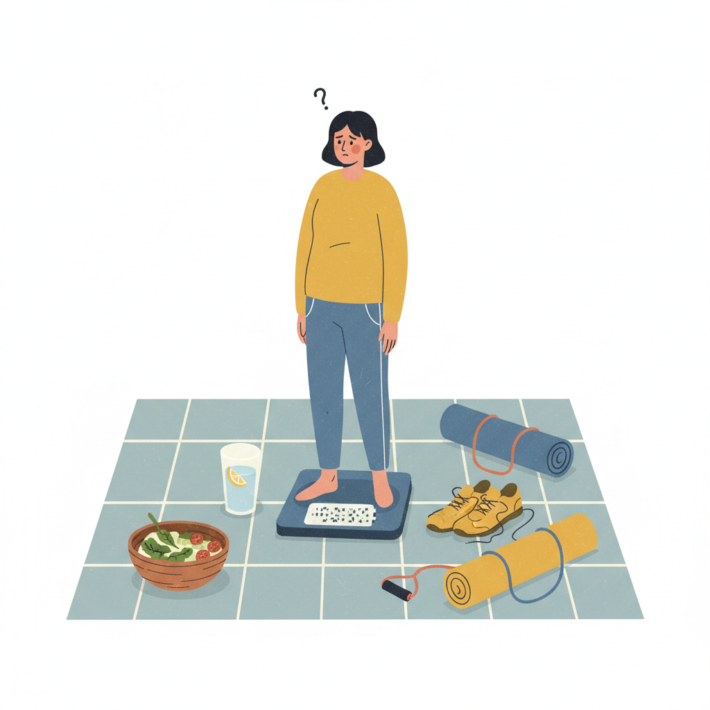 A stylized flat illustration depicting a person, looking slightly confused or disheartened, standing on a bathroom scale. The scale's display is ambiguous, suggesting no change. Around the person, elements like a half-eaten salad bowl, a glass of water, a pair of running shoes, and a yoga mat are visible, symbolizing their consistent efforts. The color palette should be muted and encouraging, focusing on the internal struggle despite external actions. The scene emphasizes the feeling of stagnation in weight loss journeys, highlighting the article's core question.