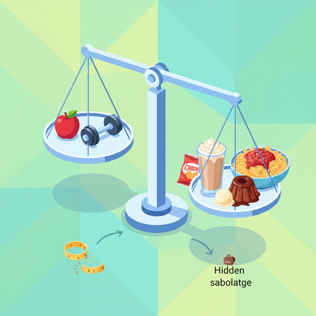 An isometric or infographic-style illustration demonstrating 'hidden calorie traps'. A large, prominent balance scale is central. On one side, represent smaller, clearly healthy items like a single apple and a small dumbbell, suggesting conscious effort. On the other side, depict subtly larger or more calorie-dense items that are often overlooked: a large, frothy coffee drink, a small bag of chips, an oversized portion of pasta, and a small dessert. The 'hidden calorie' side should visually appear heavier, tilting the scale and illustrating how these unnoticed items can sabotage weight loss efforts. Use a clean, vibrant color scheme.
