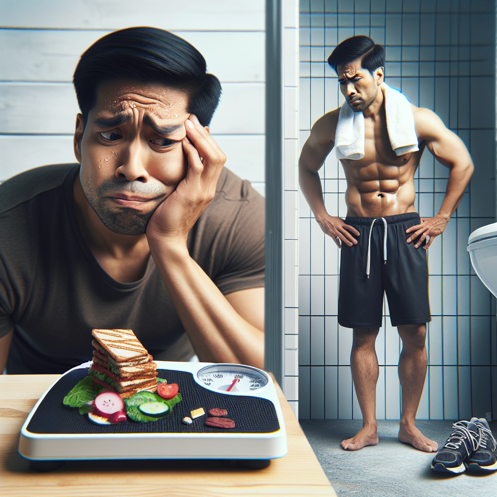 A person looks frustrated and confused, standing next to a stubborn bathroom scale that shows no progress. In the foreground, there's a small, meticulously portioned healthy meal, and in the background, a subtle suggestion of regular exercise (like a sweat towel or running shoes). The image captures the paradox of consistent effort (eating little, exercising) yielding no weight loss, in a clean, modern photographic style.