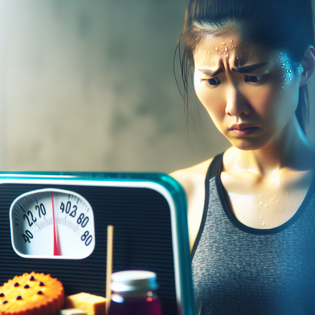 A frustrated person in athletic wear stares intently at a bathroom scale, which displays a static or unchanging number, despite visible signs of effort like sweat on their brow or a small, healthy meal on a nearby counter. The scene conveys a sense of confusion and disappointment, with soft, realistic lighting.