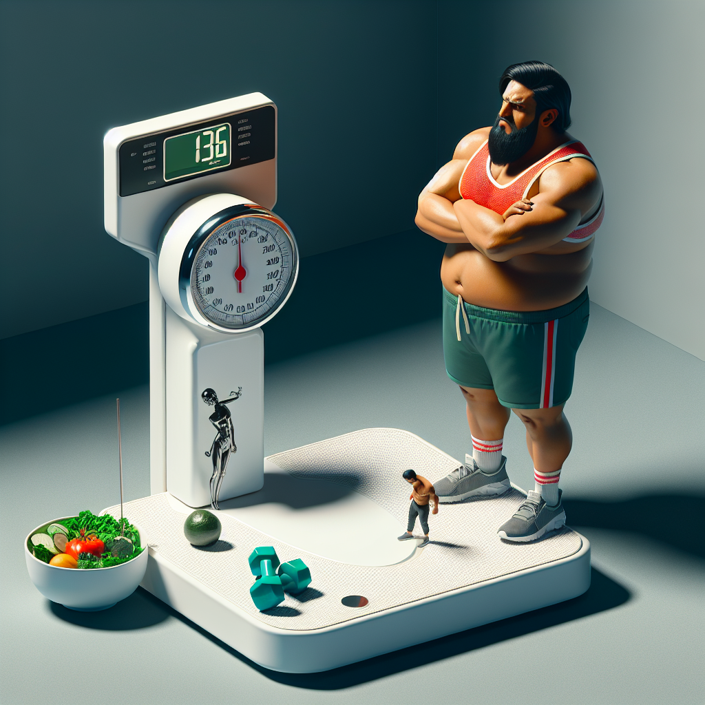 A frustrated and confused person in activewear stands on a digital bathroom scale that displays an unexpectedly high weight number. Next to them, there's a small plate with healthy food (like a salad) and a dumbbell, symbolizing their diet and exercise efforts. The scene should convey a sense of paradox and demotivation, with a clean and modern style.