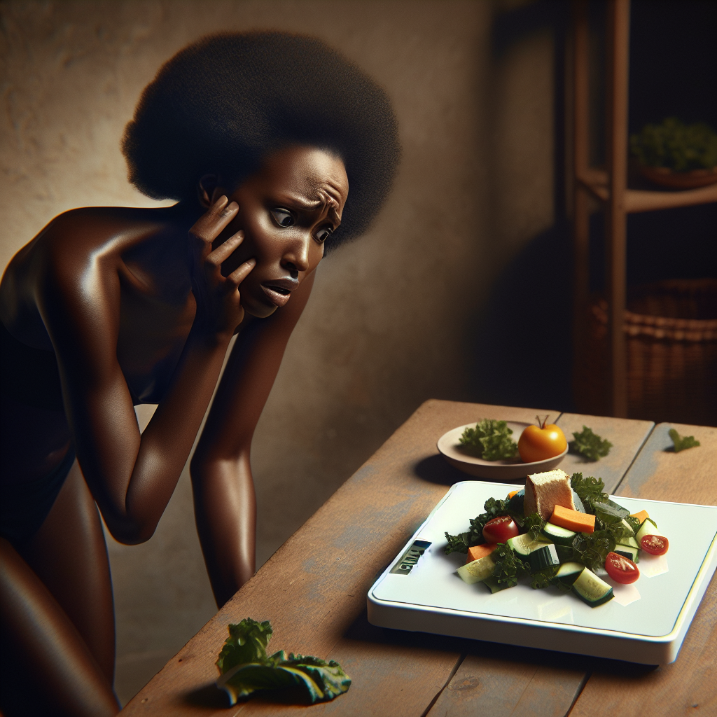 A person with a frustrated and confused expression stands on a digital weight scale, observing the numbers increase, while a small, healthy meal portion sits untouched on a nearby table. The image visually represents the paradox of gaining weight despite eating little, emphasizing the internal struggle and the body's unexpected response. Realistic photo, soft studio lighting.