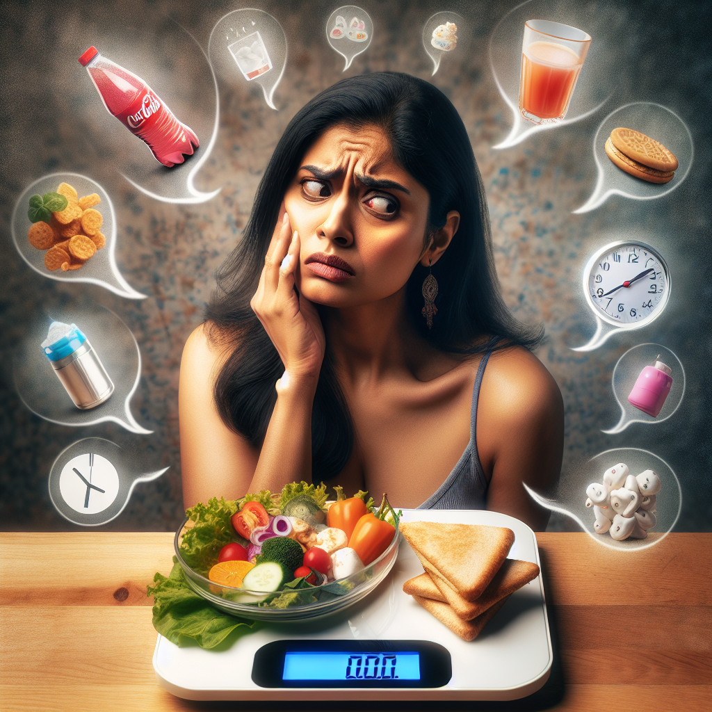 A visually frustrated person, perhaps a woman, looking puzzled at a digital bathroom scale that displays an unchanging number, despite holding a small, healthy-looking plate of food. Around her, subtle, almost ghostly elements represent common weight loss hurdles: a very small, unnoticed sugary drink or hidden snack, a slowly ticking clock or a 'low power' icon indicating a sluggish metabolism, and a blurred background suggesting a mundane, perhaps sedentary, everyday environment. The image conveys confusion and effort without reward. Realistic photography style, clear focus on the person and scale.