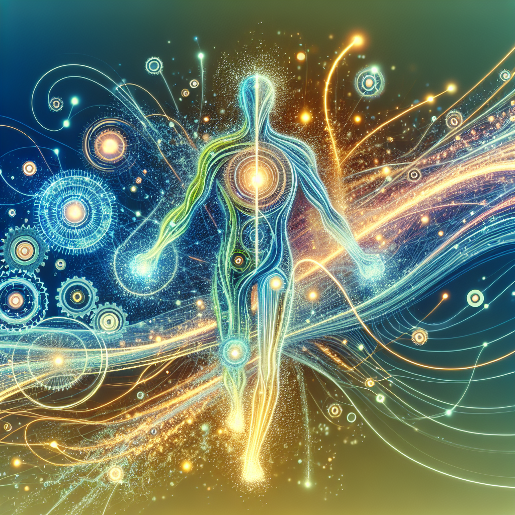 A dynamic and vibrant illustration representing a boosted metabolism. Imagine a stylized human figure or a clean, schematic body outline, filled with glowing energy lines, active gears, and light particles. The energy should be flowing rapidly and efficiently, symbolizing the breakdown of nutrients and creation of energy. Use bright, uplifting colors like electric blues, greens, and yellows against a clean, neutral background. Modern, abstract, and inviting digital art style, conveying health and vitality.