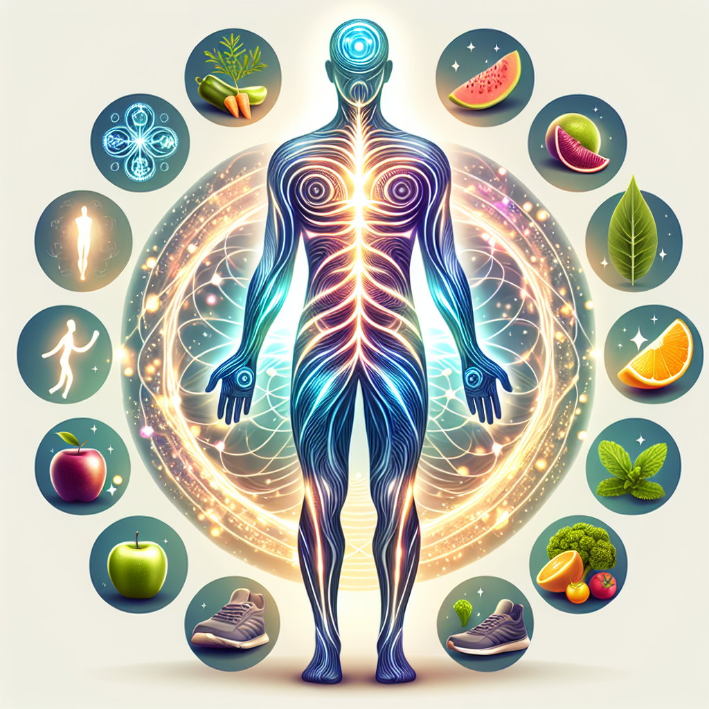 A vibrant, modern illustration depicting a stylized human body with glowing, active energy lines and subtle gear-like elements inside, symbolizing a 'boosted metabolism'. Around the body are minimalist, clean icons representing key factors for stimulation: running shoes for movement, fresh fruits and vegetables for nutrition, a serene crescent moon for restful sleep, and a calm leaf for stress reduction. The overall aesthetic is clean, optimistic, and energetic, suitable for a health blog.