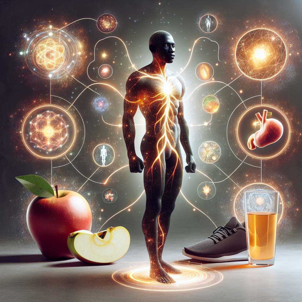 A vibrant and dynamic illustration depicting a stylized human figure with glowing internal energy pathways and subtle light bursts, symbolizing an activated metabolism. Around the figure, elements like a fresh apple, a pair of running shoes, and a glass of water are subtly integrated, all against a clean, bright background that conveys health, energy, and well-being.