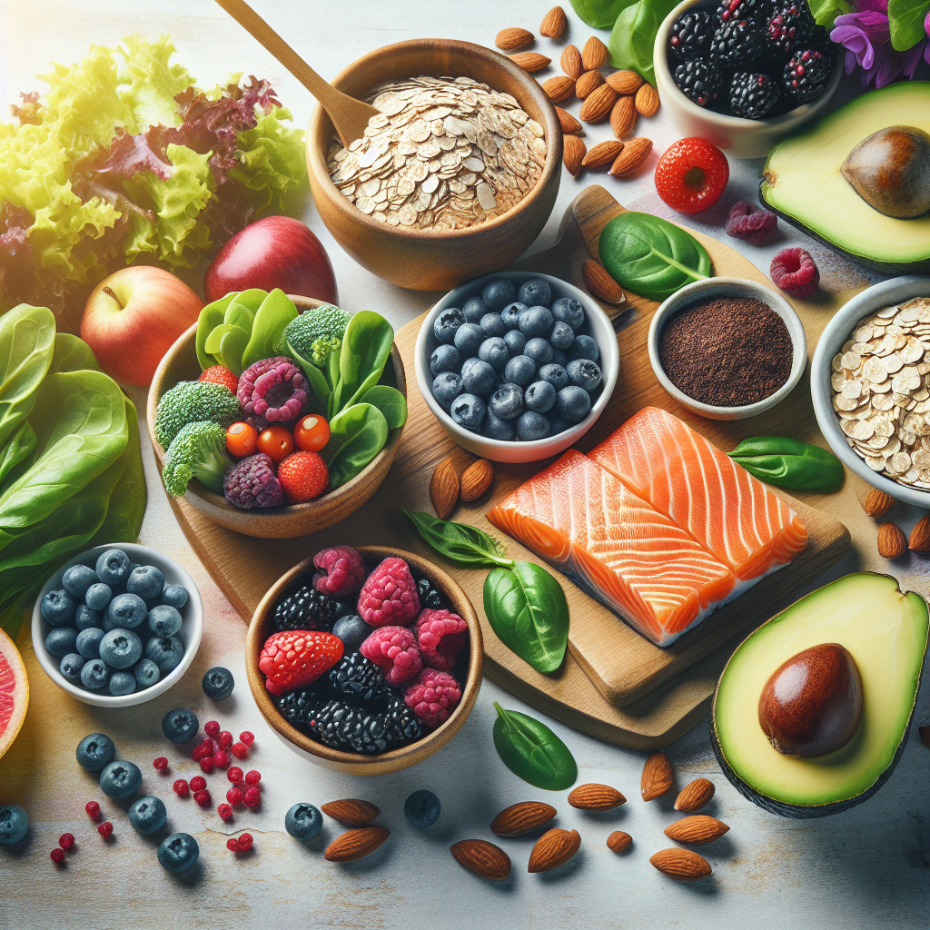 A vibrant and aesthetically pleasing flat lay of a diverse selection of healthy foods known to aid in belly fat reduction: fresh leafy greens, colorful berries, a piece of grilled salmon, a small bowl of oats, almonds, and avocado slices, arranged on a light wooden or marble surface. The lighting is soft and natural, emphasizing freshness and wellness, in a clean, inviting style.