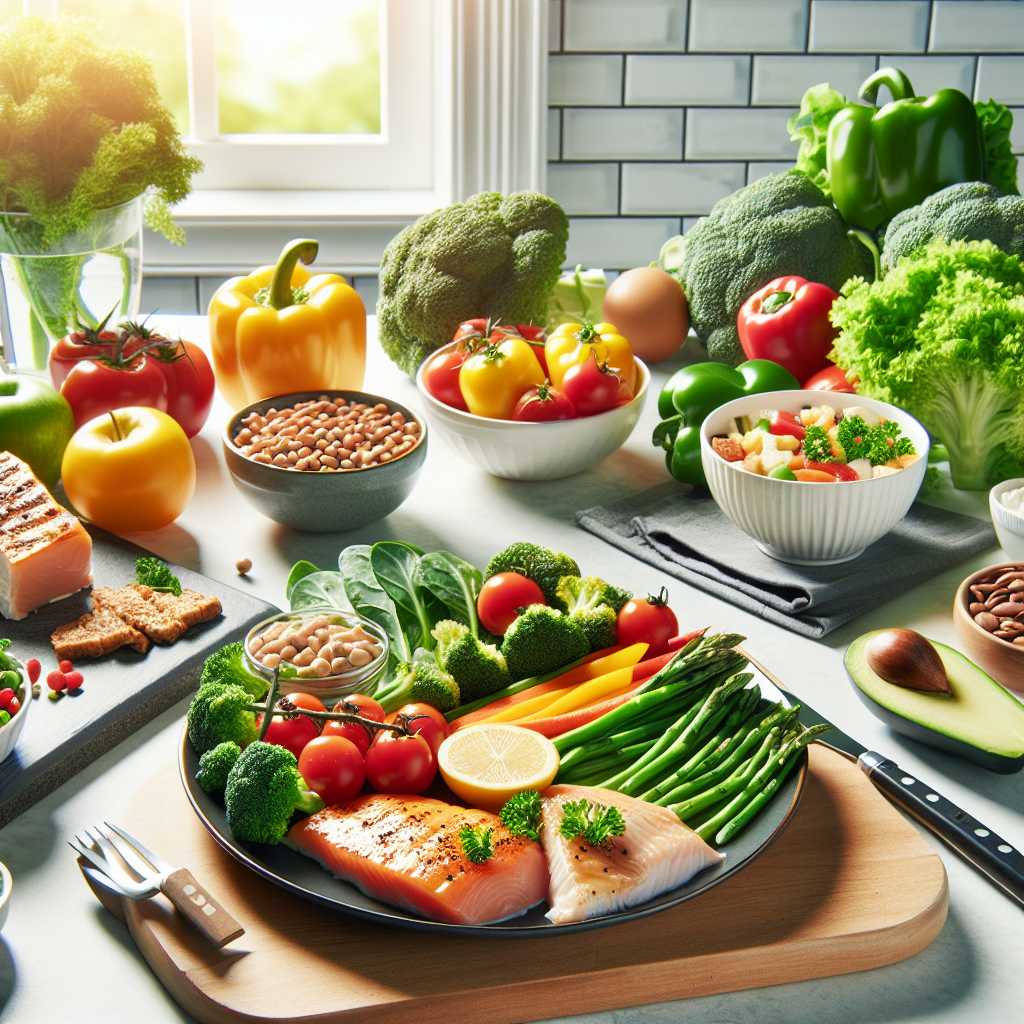 A vibrant and appealing spread of healthy, fresh food laid out on a clean kitchen counter or dining table. The arrangement features colorful vegetables like broccoli, bell peppers, and leafy greens, alongside lean protein sources such as grilled chicken or fish, and some legumes or whole grains. The scene is bright and inviting, emphasizing nutritious eating for weight loss, with absolutely no sports equipment or gym items visible. The overall mood is one of wellness, balance, and delicious home-cooked meals.