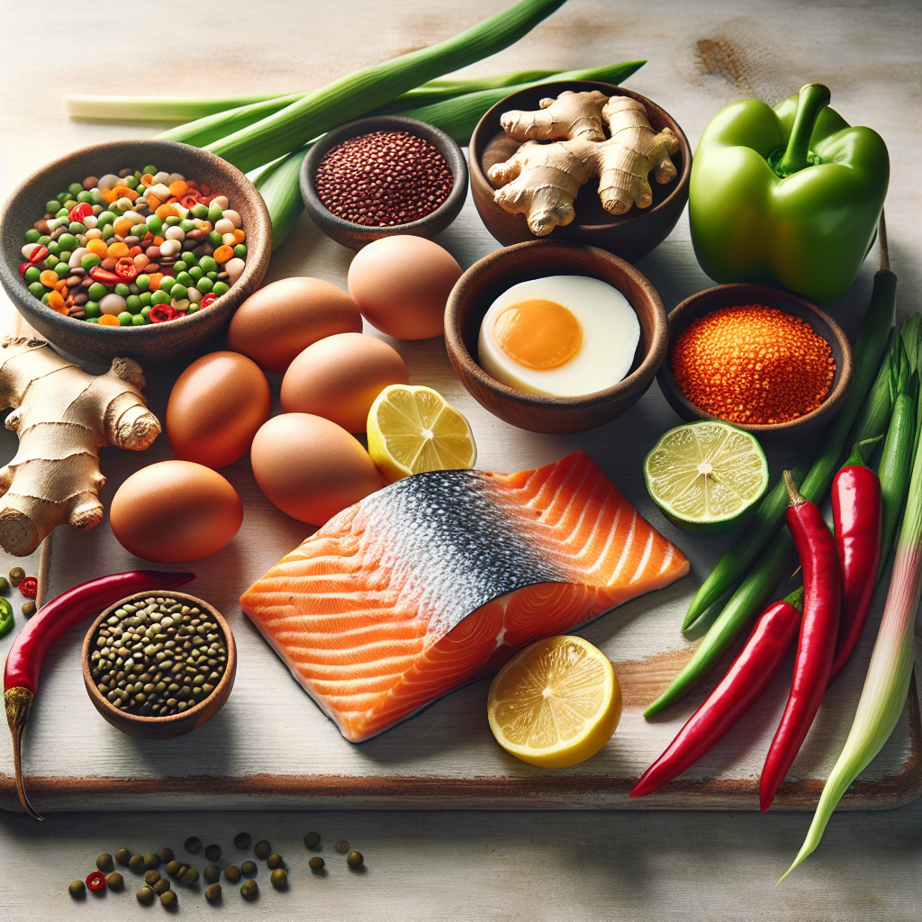 A vibrant and appetizing flat lay of various metabolism-boosting foods arranged artfully on a light wooden table. The composition features items like lean grilled salmon, hard-boiled eggs, a bowl of colorful lentils, fresh ginger slices, and a few bright red chili peppers. The scene should be well-lit with natural light, conveying a sense of health, freshness, and energy, in a modern food photography style.