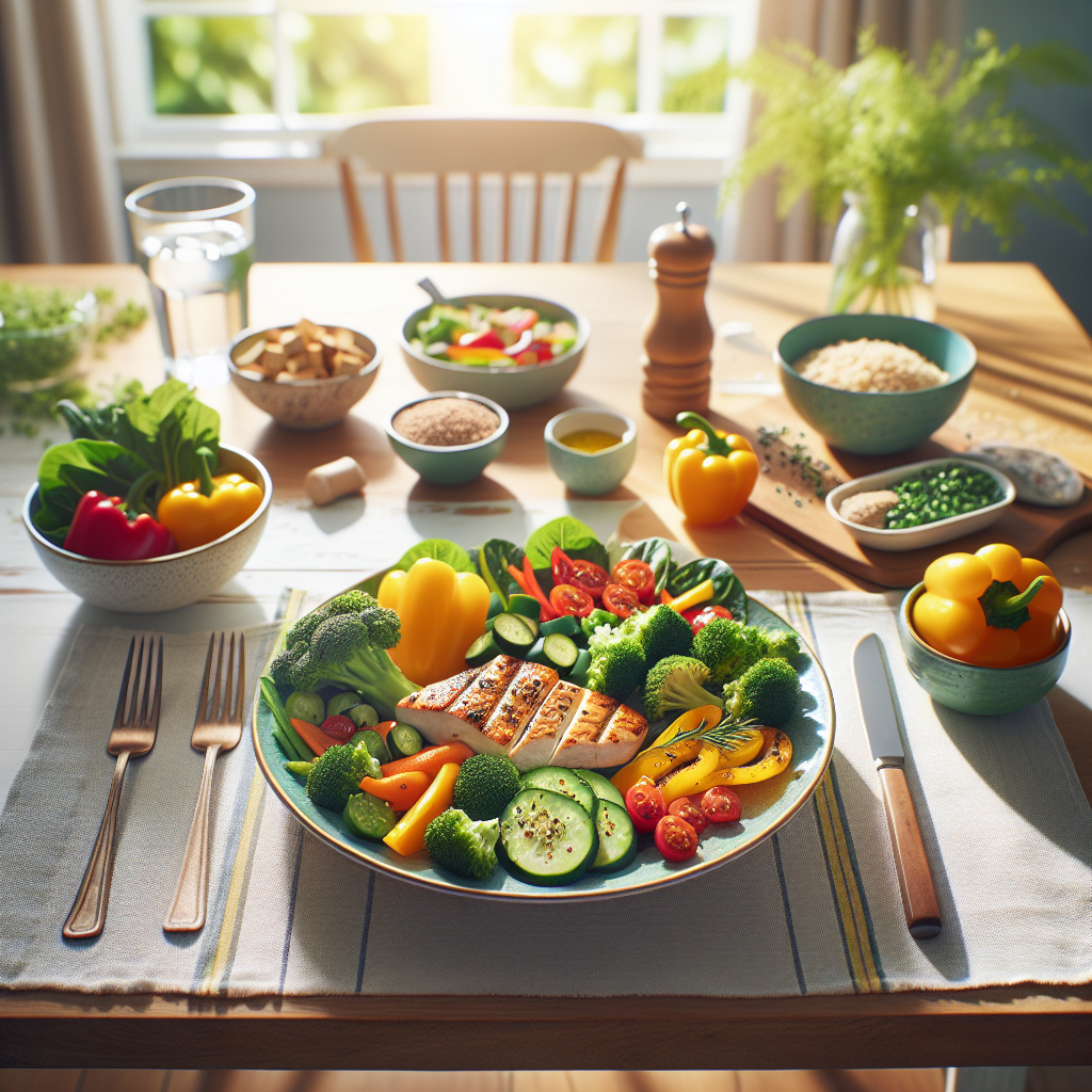 A vibrant, visually appealing flat lay of a balanced, healthy meal. The plate is filled with colorful fresh vegetables (broccoli, bell peppers, leafy greens), a generous portion of lean protein (like grilled chicken breast or a plant-based alternative such as tofu), and a small side of whole grains (e.g., quinoa or brown rice). The setting is a bright, cozy kitchen table, emphasizing home cooking and mindful eating. There are no sports elements. The overall impression is one of simple, delicious, and effective nutrition for weight loss without exercise, bathed in natural light. High quality photo, sharp focus, clean aesthetic.