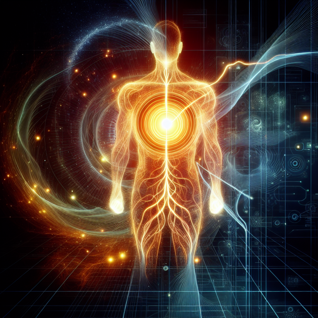 A vibrant, glowing energy core within a stylized human torso, surrounded by dynamic lines representing energy flow and cellular activity. The overall image should evoke a sense of health, vitality, and internal power, with subtle hints of nature and well-being in the background. Digital art, clean lines, warm color palette, symbolic.