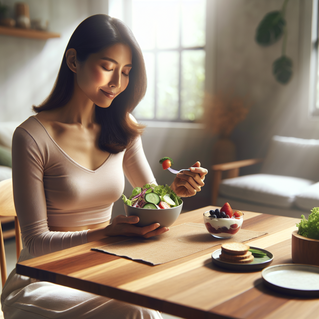 A serene and content person, in comfortable everyday clothes, is sitting at a clean, modern kitchen table. They are mindfully enjoying a vibrantly colorful and healthy meal, like a fresh salad with lean protein and vegetables, or a bowl of berries and yogurt. The scene emphasizes conscious nutrition and a relaxed, sustainable approach to wellness and weight loss. There are absolutely no elements of exercise, gym equipment, or strenuous activity present. The lighting is soft and natural, creating a positive and achievable atmosphere. Realistic photo.